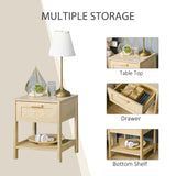 Narrow Nightstand with Rattan Elements, Bedside Table with Drawer and Storage Shelf for Bedroom
