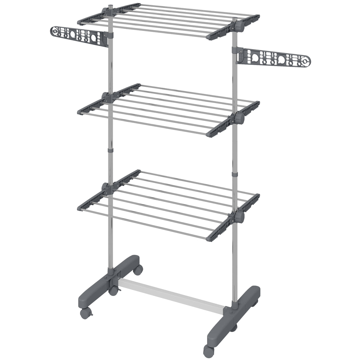 3-Tier Foldable Clothes Drying Rack, Stainless Steel Laundry Rack with 2 Side Wings and 6 Castors, Collapsible Adjustable Clothes Airer for Indoor Outdoor