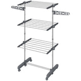 3-Tier Foldable Clothes Drying Rack, Stainless Steel Laundry Rack with 2 Side Wings and 6 Castors, Collapsible Adjustable Clothes Airer for Indoor Outdoor