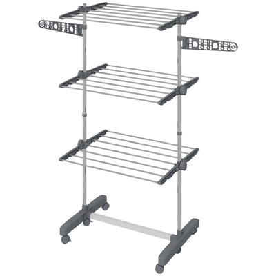 3-Tier Foldable Clothes Drying Rack, Stainless Steel Laundry Rack with 2 Side Wings and 6 Castors, Collapsible Adjustable Clothes Airer for Indoor Outdoor