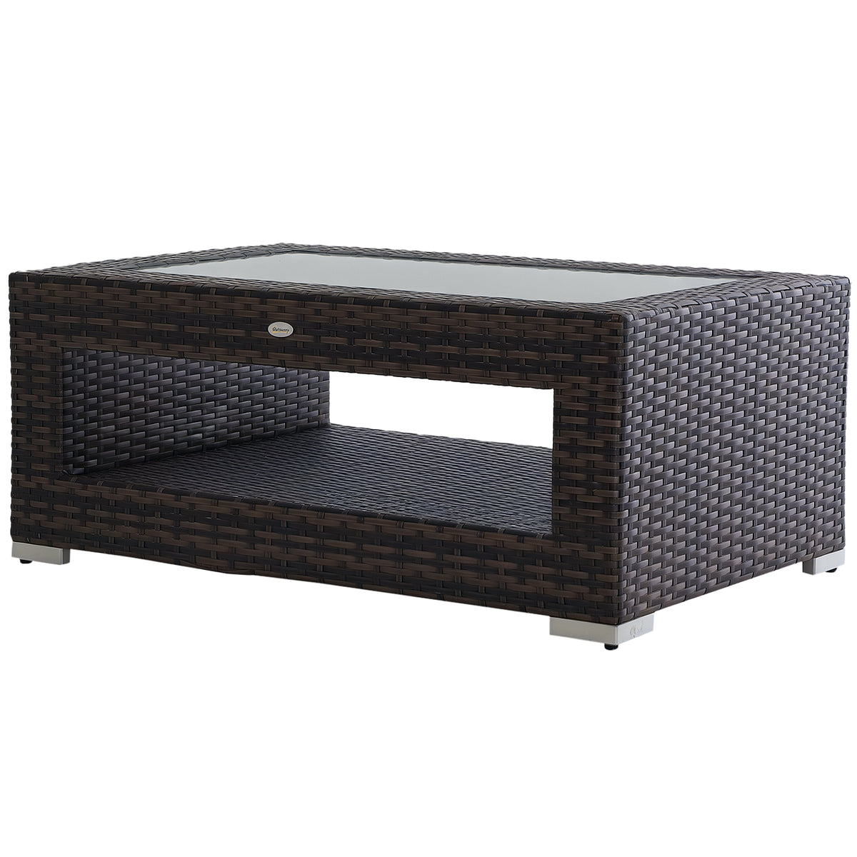 2-Tier Rattan Patio Coffee Table Wicker Patio Tea End Desk with Tempered Glass Top & Storage for Balcony