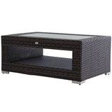 2-Tier Rattan Patio Coffee Table Wicker Patio Tea End Desk with Tempered Glass Top & Storage for Balcony