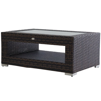 2-Tier Rattan Patio Coffee Table Wicker Patio Tea End Desk with Tempered Glass Top & Storage for Balcony