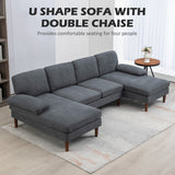 U Shape Couch with Double Chaise Lounge, Modern 4 Seater Sofa with Wooden Legs, Fabric Sofa for Living Room