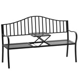 Outdoor Bench with Retractable Middle Table, Metal Frame Patio Loveseat with Slatted Seat and Backrest