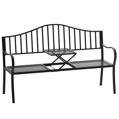 Outdoor Bench with Retractable Middle Table, Metal Frame Patio Loveseat with Slatted Seat and Backrest