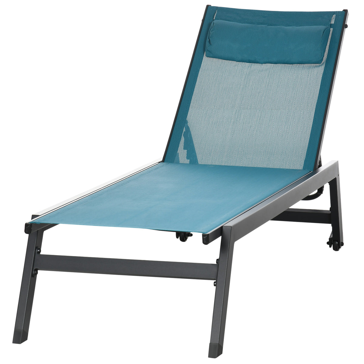 Outdoor Lounge Chair, 5-Position Tanning Chair with Wheels, Headrest, Aluminum Frame for Poolside