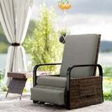 Fauteuil extérieur en rotin, chaise longue avec dossier ajustable, repose-pieds et plateau latéral