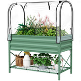 Raised Garden Bed with Cover, Metal Elevated Planter Box with Bottom Shelf and Liner