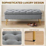 Upholstered Bedroom Bench with Gold Tone Metal Legs, Velvet Tufted and Thick Padding