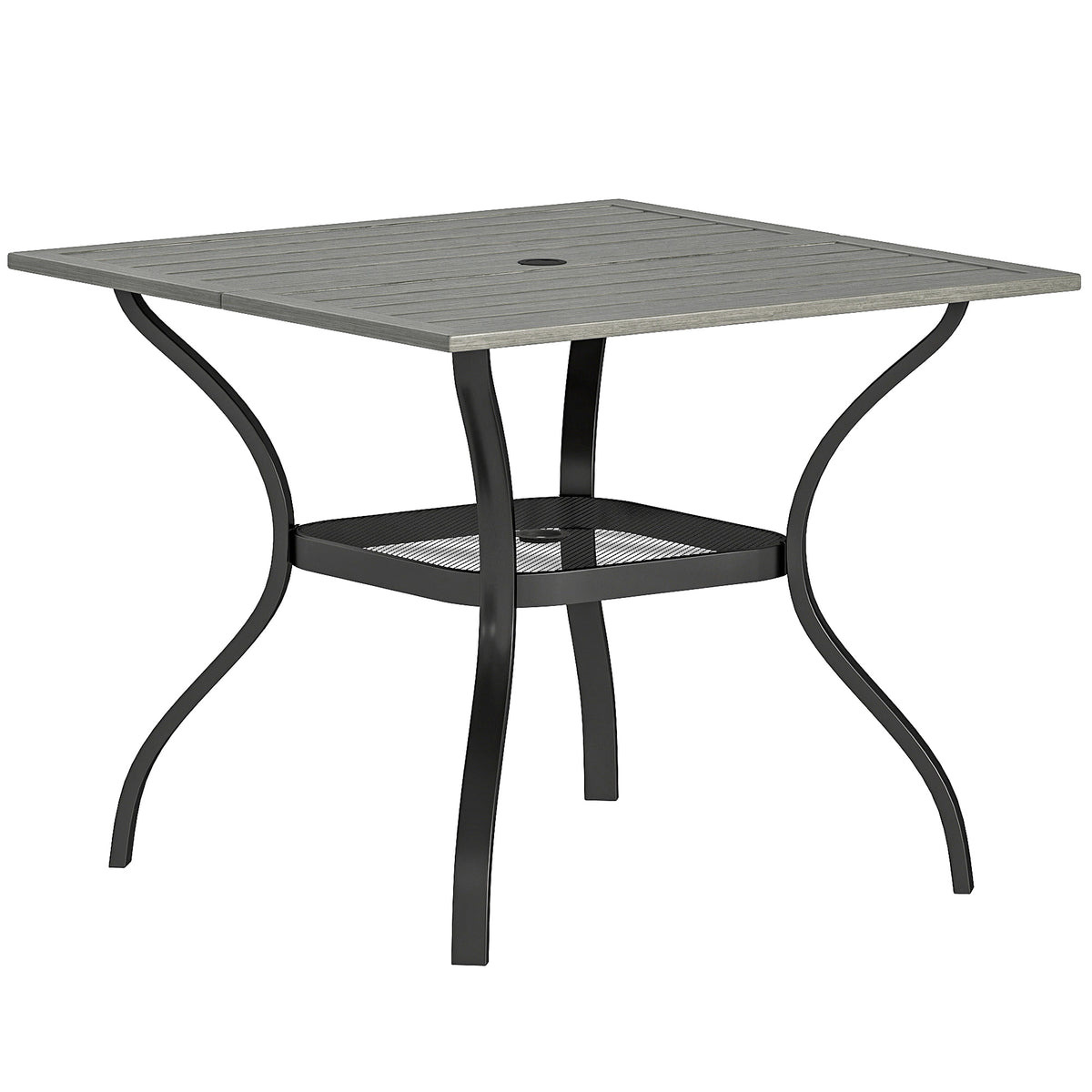 Outdoor Dining Table for 4, Shelf, Slatted Faux Wood Steel Top
