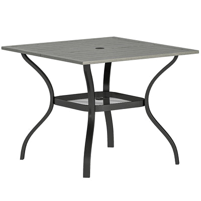 Outdoor Dining Table for 4, Shelf, Slatted Faux Wood Steel Top