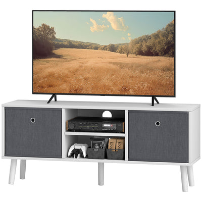 Meuble téléviseur moderne avec tiroirs rabattables et tablettes pour salon