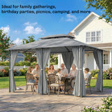 13'L x 10'W x 8.7'H Patio Gazebo Outdoor 2-Tiers Garden Canopy Yard Sunshade Shelter with Curtains