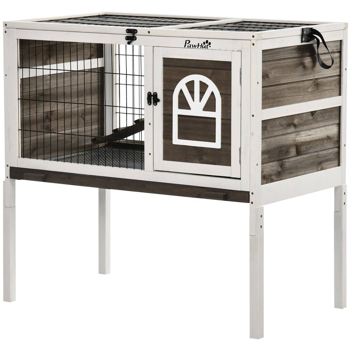 Rabbit Hutch Dual-Height Design Bunny House with Run Slide-Out Tray White and