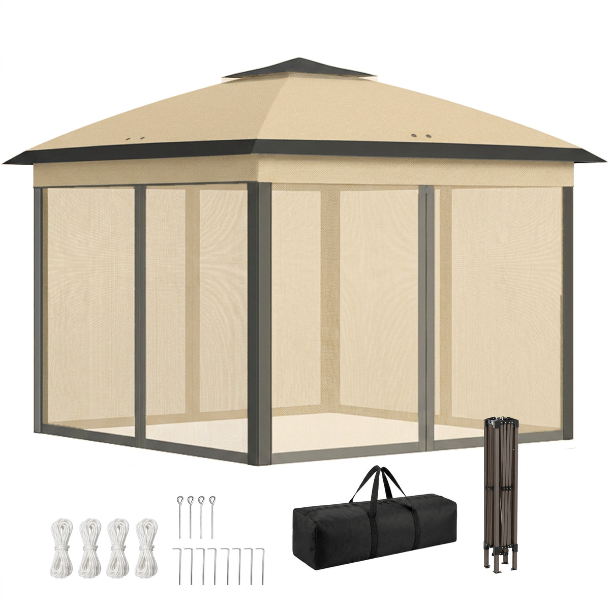 11' x 11' Pop Up Gazebo, Double Roof Foldable Height Adjustable Canopy Tent with Mesh Sidewalls