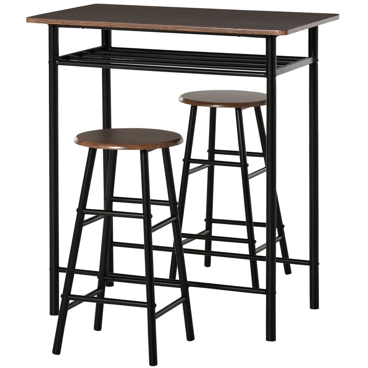 3 Piece Counter Height Bar Table Set with 1 Table, 2 Matching Stools, Dining Table Set with Storage Shelf and Metal Frame Footrest