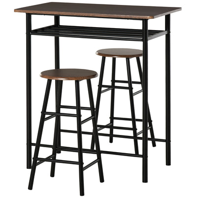 3 Piece Counter Height Bar Table Set with 1 Table, 2 Matching Stools, Dining Table Set with Storage Shelf and Metal Frame Footrest