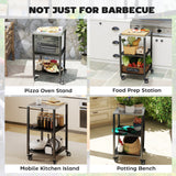 Outdoor Grill Cart, Pizza Oven Stand with Stainless Steel Top, 3-Tier Rolling Kitchen Prep Station with Wheels