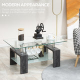Table basse rectangulaire en verre, table centrale à 2 niveaux avec plateau en verre trempé et étagère de rangement pour salon