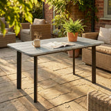 Outdoor Garden Coffee Table, Patio Table with Slatted Wood Plastic Composite Top and Steel Frame