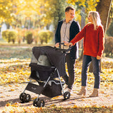 Cat Dog Stroller, One-click Foldable Pet Stroller w/Cup Holder, 4 Wheels Travel Carrier w/Brakes, 360° Swiveling Front Wheels, Storage Basket, for XS/Small Dogs Cats