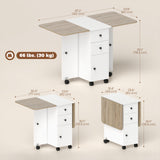 Drop Leaf Dining Table, Mobile Folding Table on Wheels with Drawers and Cabinet for Dining Room