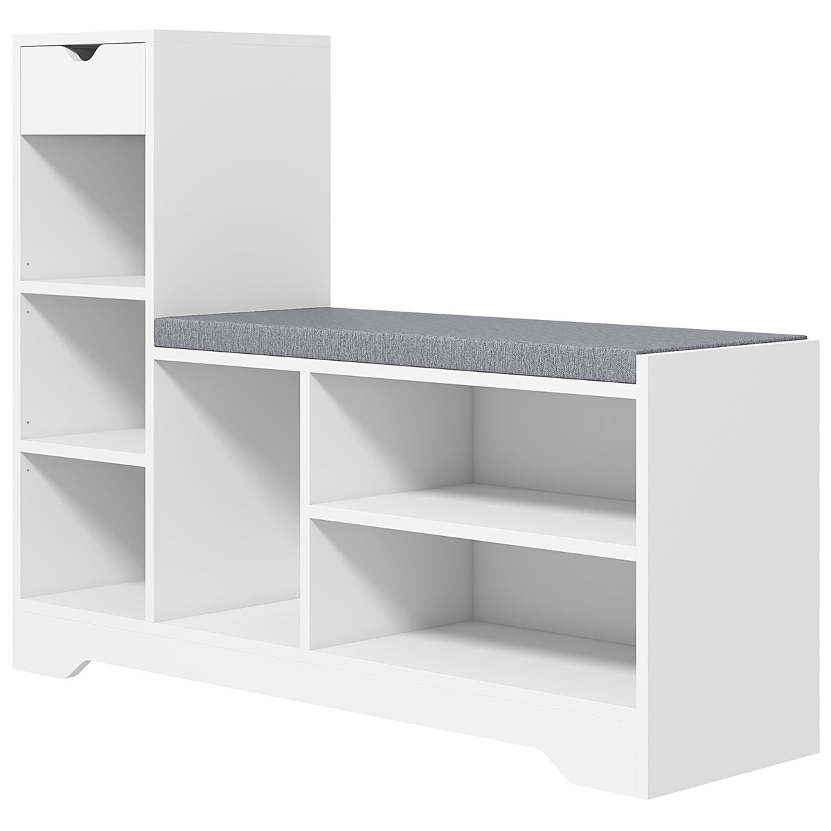 Banc de rangement pour chaussures rembourré avec siège, banc d'entrée avec tiroir et 6 étagères ouvertes pour le couloir