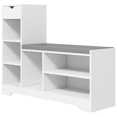 Upholstered Shoe Storage Bench w/ Seat, Entrance Bench w/ Drawer and 6 Open Shelves for Hallway