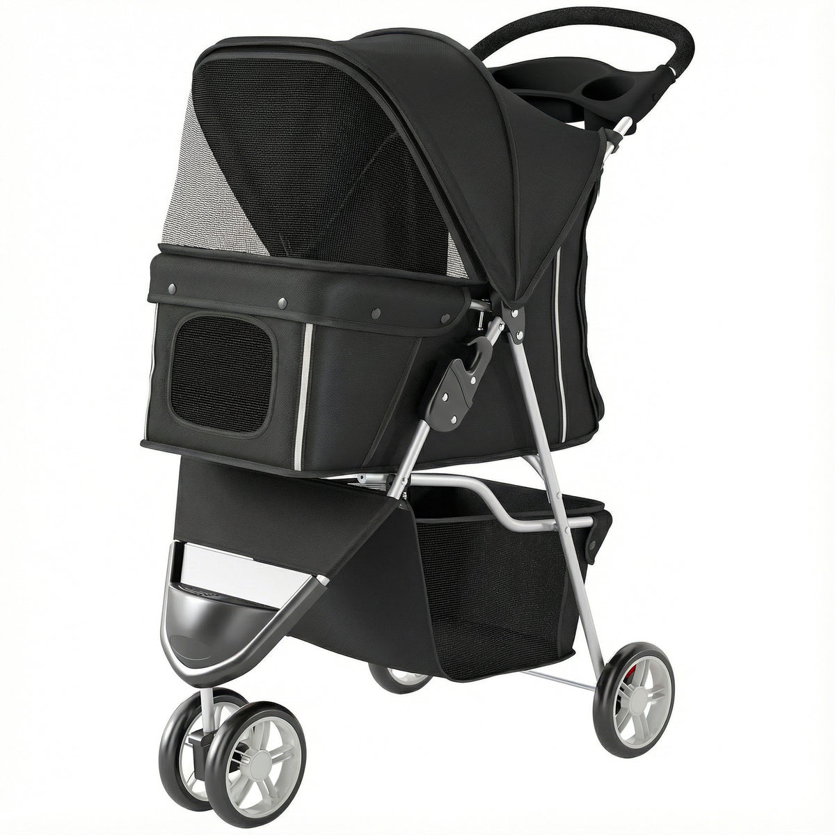 Poussette chien repliable 3 roues avec panier de rangement, auvent ajustable, porte-gobelet pour petits chiens