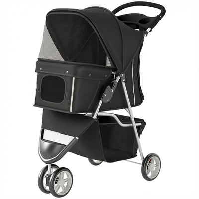 3 Wheels Foldable Dog Stroller with Storage Basket, Adjustable Canopy, Cupholder for Miniature and Small Dogs
