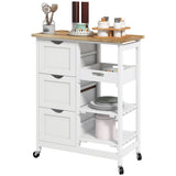 Chariot de cuisine à roulettes, desserte de cuisine mobile avec plateau en bois, 3 tiroirs et étagères pour la salle à manger