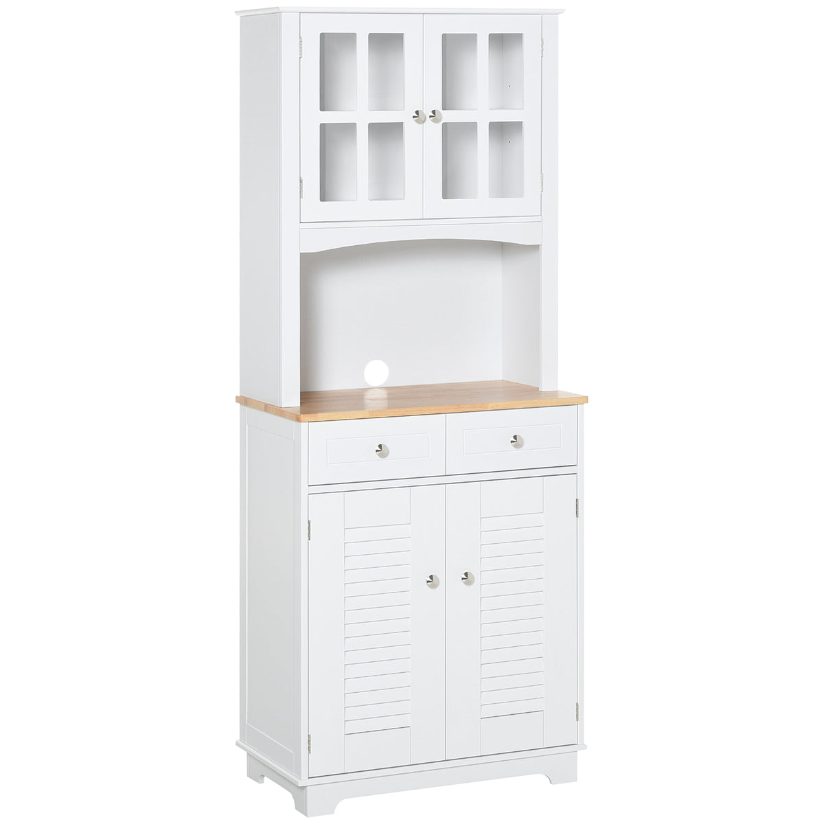 Buffet et vaisselier de cuisine de style côtier, armoire de rangement en bois avec porte vitrée encadrée, armoire à persiennes, tiroirs, espace micro-ondes pour salle à manger et salon.