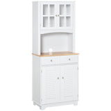 Buffet et vaisselier de cuisine de style côtier, armoire de rangement en bois avec porte vitrée encadrée, armoire à persiennes, tiroirs, espace micro-ondes pour salle à manger et salon.