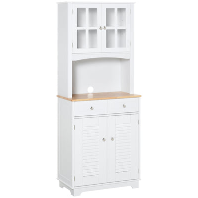 Coastal Style Kitchen Buffet and Hutch Wooden Storage Cupboard with Framed Glass Door LouveredCabinet Drawers Microwave Space for Dining Room Living Room