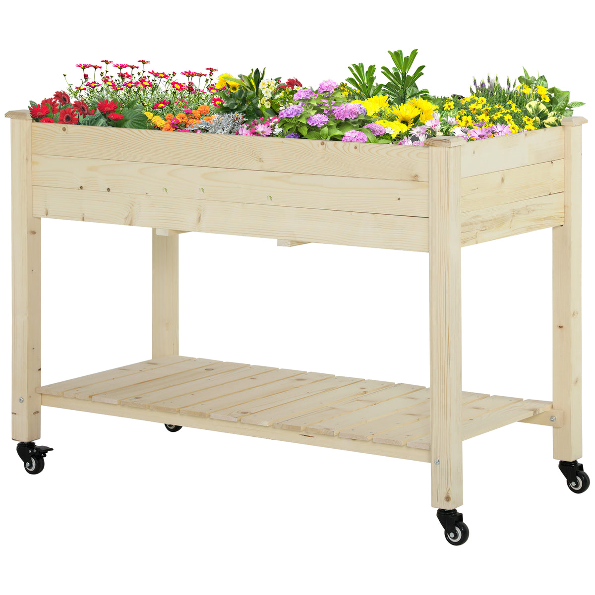 Mobile Raised Garden Bed Elevated Wood Planter Box with Lockable Wheels, Storage Shelf for Herbs Vegetables