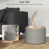 Round Coffee Table, End Table with Hidden Storage and Tray Top, Linen Upholstered Footrest for Living Room