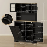 Kitchen Pantry Cabinet with Charging Station, 7 Gallon Trash Can Cabinet, Adjustable Shelves and Acrylic Doors