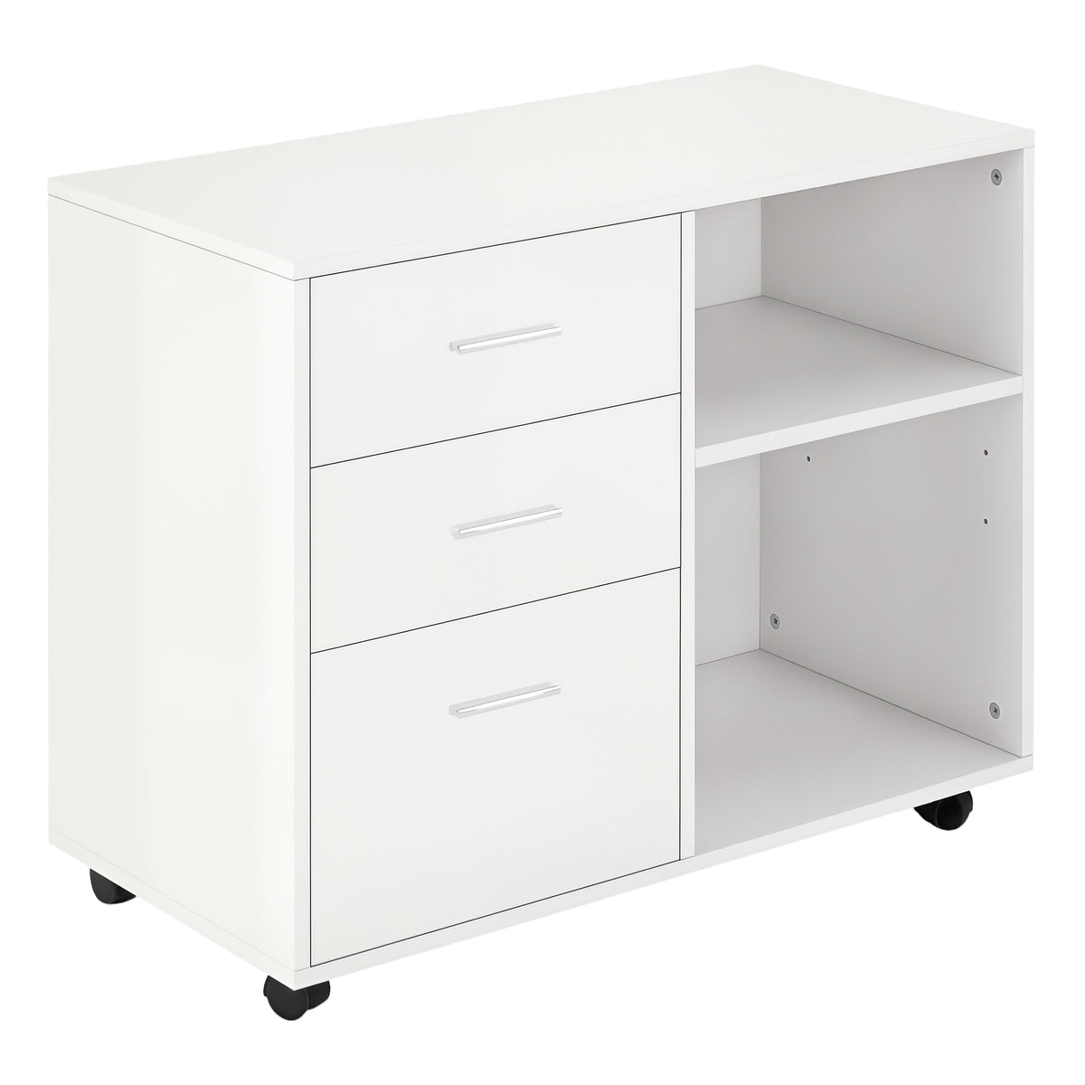 Modern Lateral Filing Cabinet, 3 Drawer File Cabinet for Letter and A4 Size Documents, Mobile, Printer Stand with Open Shelves, Rolling Wheels