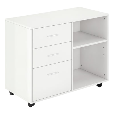 Modern Lateral Filing Cabinet, 3 Drawer File Cabinet for Letter and A4 Size Documents, Mobile, Printer Stand with Open Shelves, Rolling Wheels