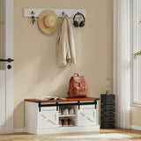 Coat Rack Shoe Bench Set 2-Piece Hall Tree Storage 4 Hooks Sliding Barn Doors White and Dk Walnut