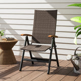 Folding Wicker Patio Dining Chair with 5-level Reclining Back, Wooden Armrests for Outdoor