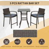 Ensemble de bar de patio 3 pièces, ensemble de bistro de jardin en osier, mobilier extérieur, table en rotin PE et tabourets avec coussin de siège