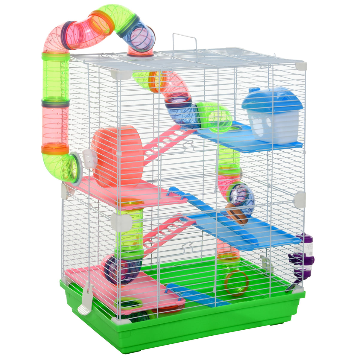 Cage à hamster 5 étages portable avec roues d'exercice tube de jeu bouteille d'eau gamelles maison et échelle pour gerbilles