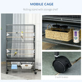 52'' Large Rolling Steel Bird Cage Bird House with Rolling Stand, Storage Shelf, Wood Perch