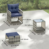 Ensemble mobilier patio 5 pièces, chaises patio rotin avec ottomans, table à café verre 2 étages et coussins