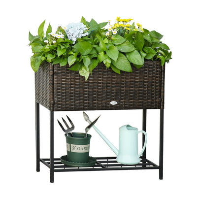 Rattan Raised Garden Boxes, Elevated Flower Beds with Storage Shelf for Herbs