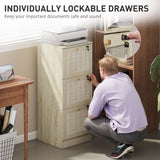 3 Drawer Filing Cabinet with Lock, Boho File Cabinet for A4 Letter Size Files with Decorative Rattan Accents
