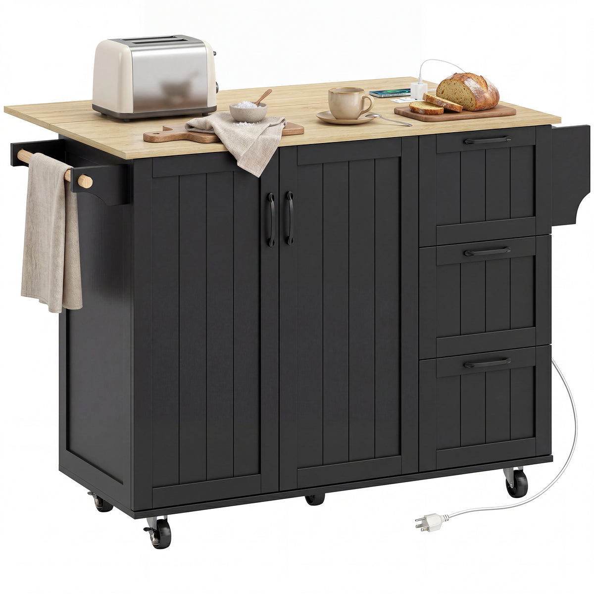 Kitchen Island with Drop Leaf, Rolling Kitchen Cart with Power Outlet, Cabinet, 3 Drawers, Towel Bar