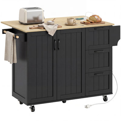 Kitchen Island with Drop Leaf, Rolling Kitchen Cart with Power Outlet, Cabinet, 3 Drawers, Towel Bar